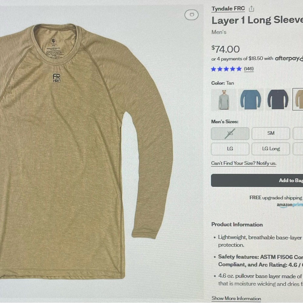 Tyndale FRC Longsleeve
Base layer CAT 1
Size Large
Color Brown